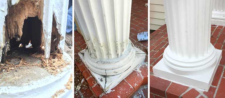 Before, during and after of a front porch column restoration on a 1921 Des Moines home