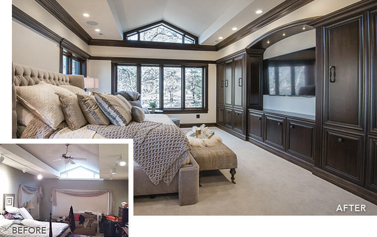 Before and after of an Urbandale master suite remodel by Silent Rivers
