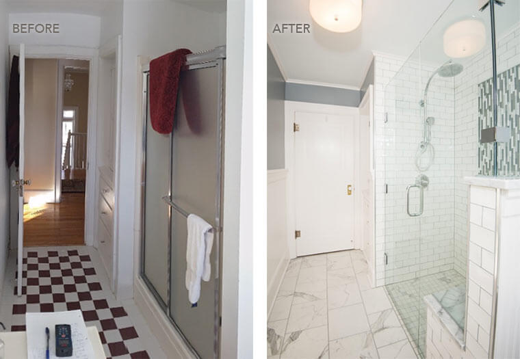 Before and after images of the shower area of a Des Moines 1920 craftsman bathroom remodel by Silent Rivers