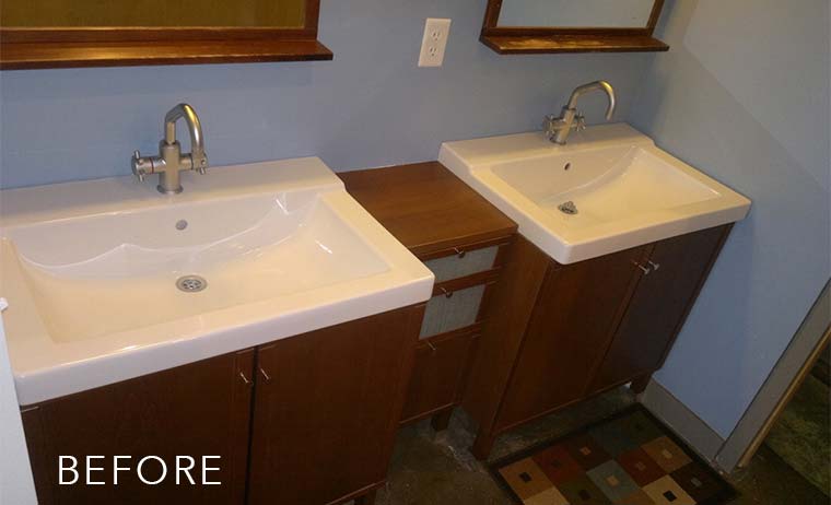 Before photo of bathroom in downtown Des Moines loft remodel by Silent Rivers