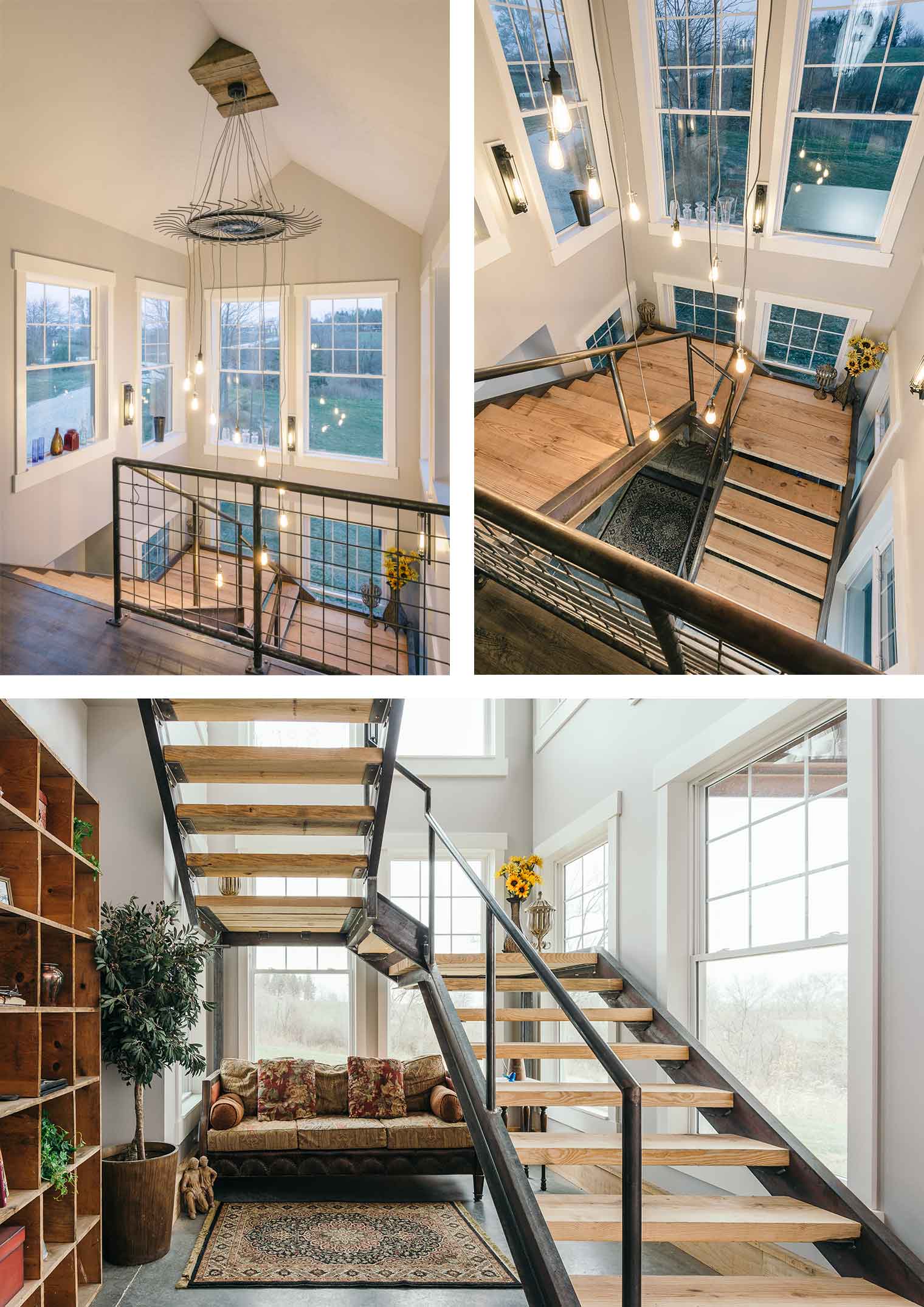 Floating steel and bridge plank lumber stairs in barn style custom new home in St. Charles, Iowa designed and built by Silent Rivers of Des Moines features a wagon wheel light fixture