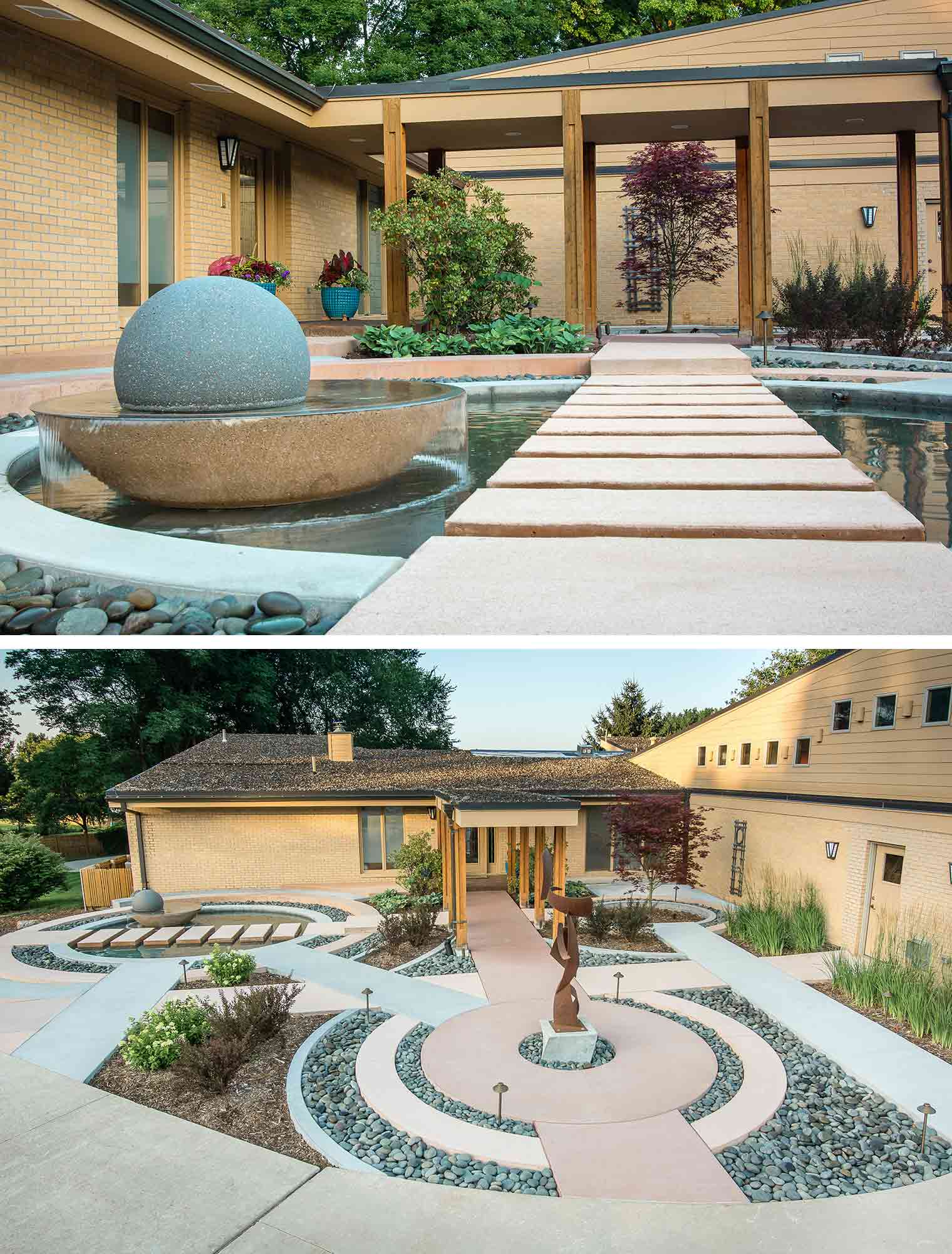 ball water fountain, reflecting pool with floating stepping stones, circle walkways, sculpture in zen courtyard entryway designed and built by Silent Rivers of Des Moines, Iowa