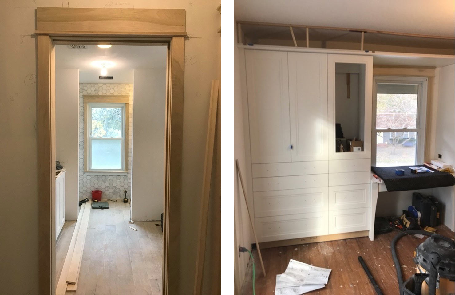 in progress photo of master suite remodel shows trim and custom cabinetry being installed by Silent Rivers