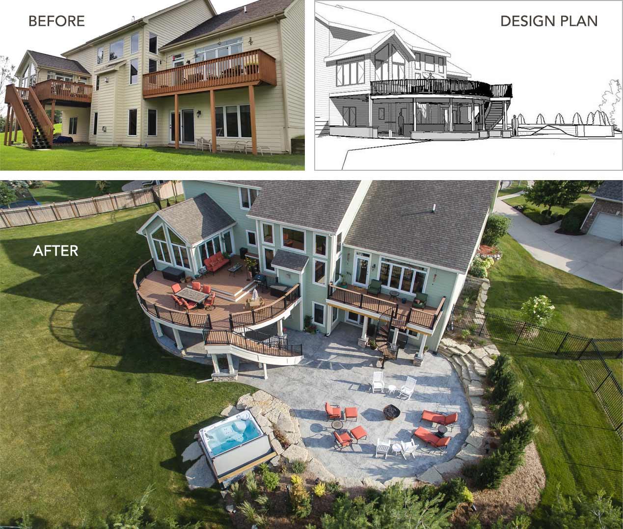 before and after photos and design plan for curved deck and patio with outdoor spa by Silent Rivers, Des Moines, featured at home shows