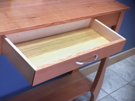 drawer with wood glides and wooden drawer stop in custom hall table designed and built by Silent Rivers Woodshop, Des Moines