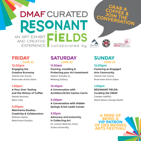 DMAF Curated 2018 schedule of arts presenters in Creative Cafe inside Silent Rivers VIP Club at Des Moines Arts Festival