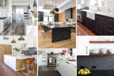 Examples of latest kitchen design trends include black & brass fixtures, flat front cabinets, integrated appliances, open shelving, painted cabinets.