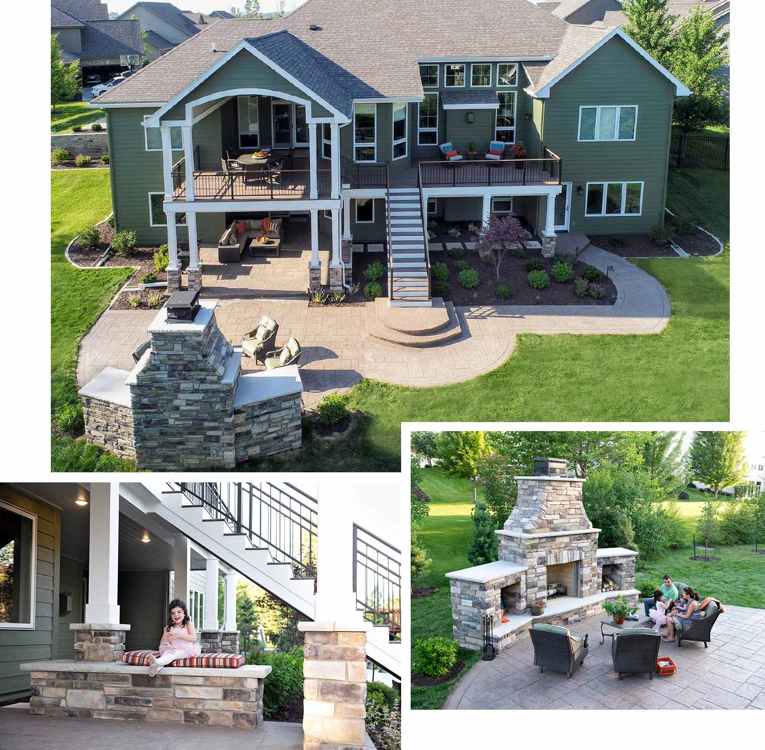 Urbandale covered deck with grand staircase, covered patio and stone fireplace by deck builders Silent Rivers