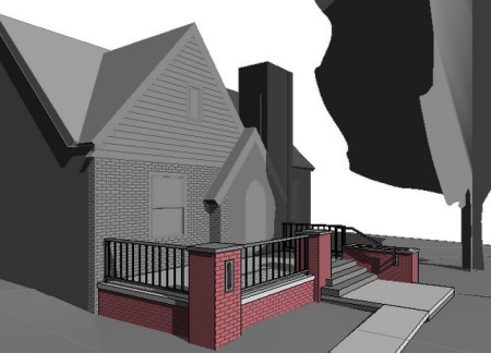 Perspective view of the new porch showing masonry piers, the railing, steps, and planter box
