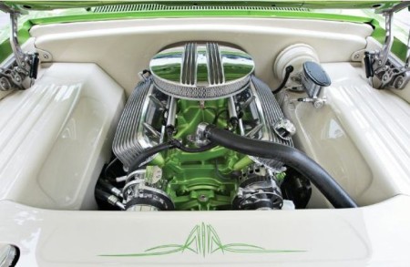 A vehicle's engine does not need to be purely functional, as seen in this 1966 Chevrolet Suburban featured in Hot Rod magazine