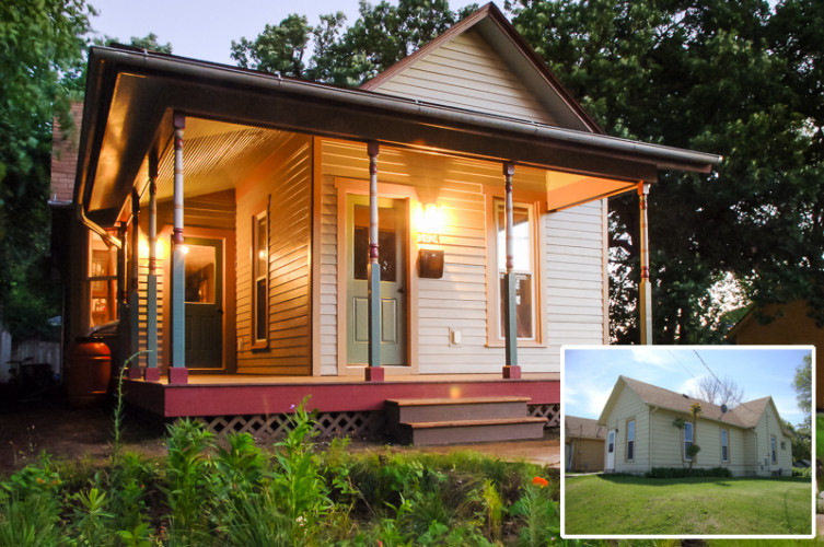 Exterior before and after, featuring a reconstructed front porch and native landscaping.