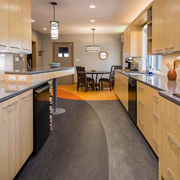 Marmoleum flooring in contemporary kitchen design by Silent Rivers Design+Build