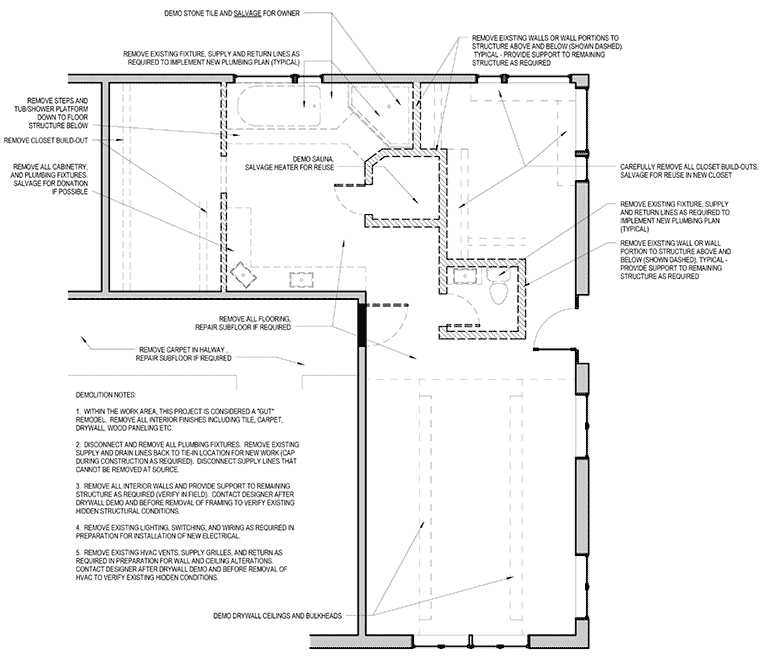 Demolition plan explaining what will be removed from this Urbandale master suite to accommodate the new floor plan