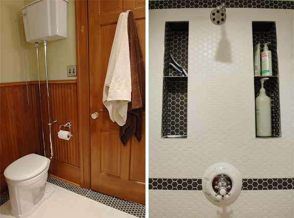 Victorian bathroom remodel by Silent Rivers featuring a toilet with remote tank and a ceramic shower faucet