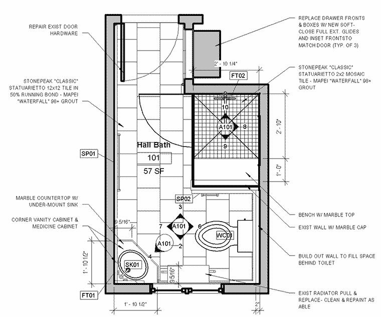 Floor plan for a bathroom remodel designed by Silent Rivers for a 1920s Des Moines craftsman home