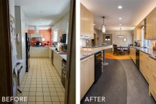 Before and after photo of a bold contemporary kitchen remodel designed and built by Silent Rivers