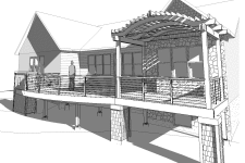 Rendering of a Des Moines deck with pergola and entertaining space designed by Silent Rivers