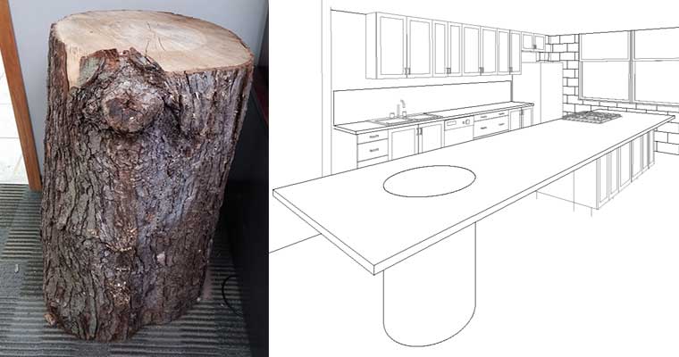 Maple tree stump that is being designed into the island of a downtown Des Moines loft kitchen remodel by Silent Rivers