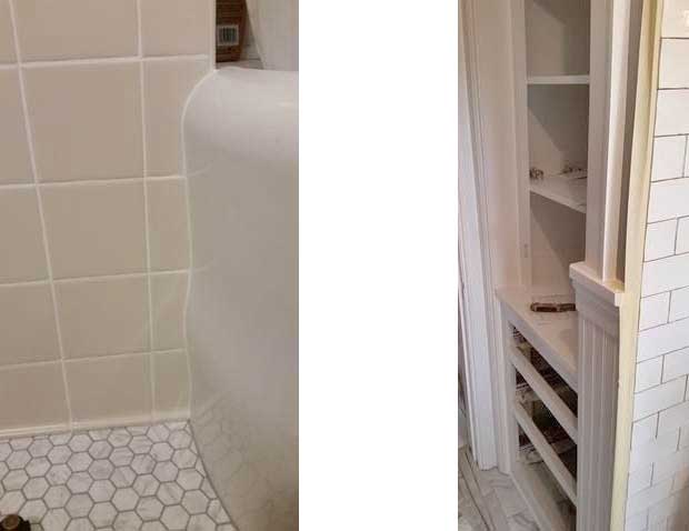 Scribed floor and wall tile and door trim in a bathroom remodel by Silent Rivers