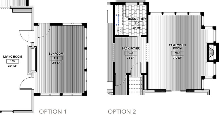Sunroom addition floor plan options 1 and 2 designed by Silent Rivers