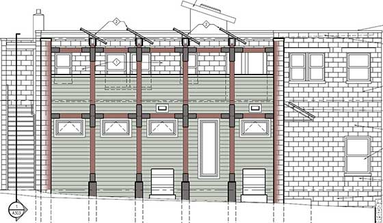 Rendering of design for a trellis of salvaged reclaimed lumber that will be attached to a historic preservation building remodeling project by Silent Rivers