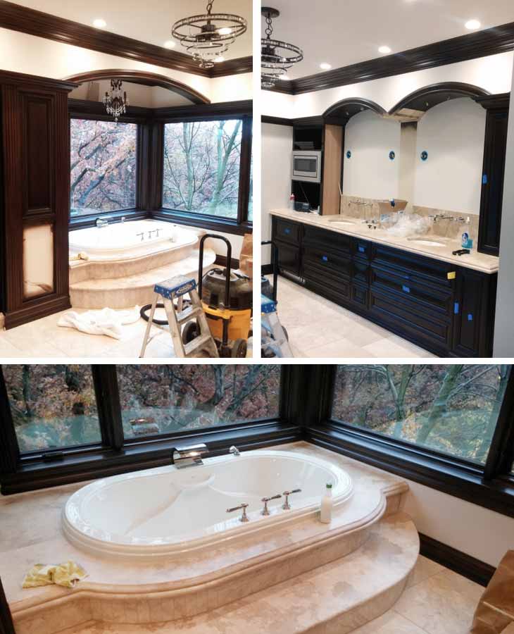 Master bath during construction by Silent Rivers, soaking tub, tub surround, double sink vanity with arched soffit
