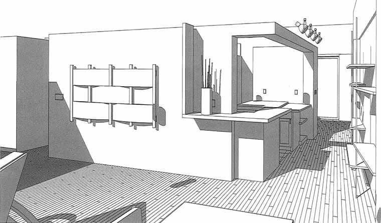 Design rendering of the new kitchen and living areas for a downtown Des Moines condo being remodeled by Silent Rivers