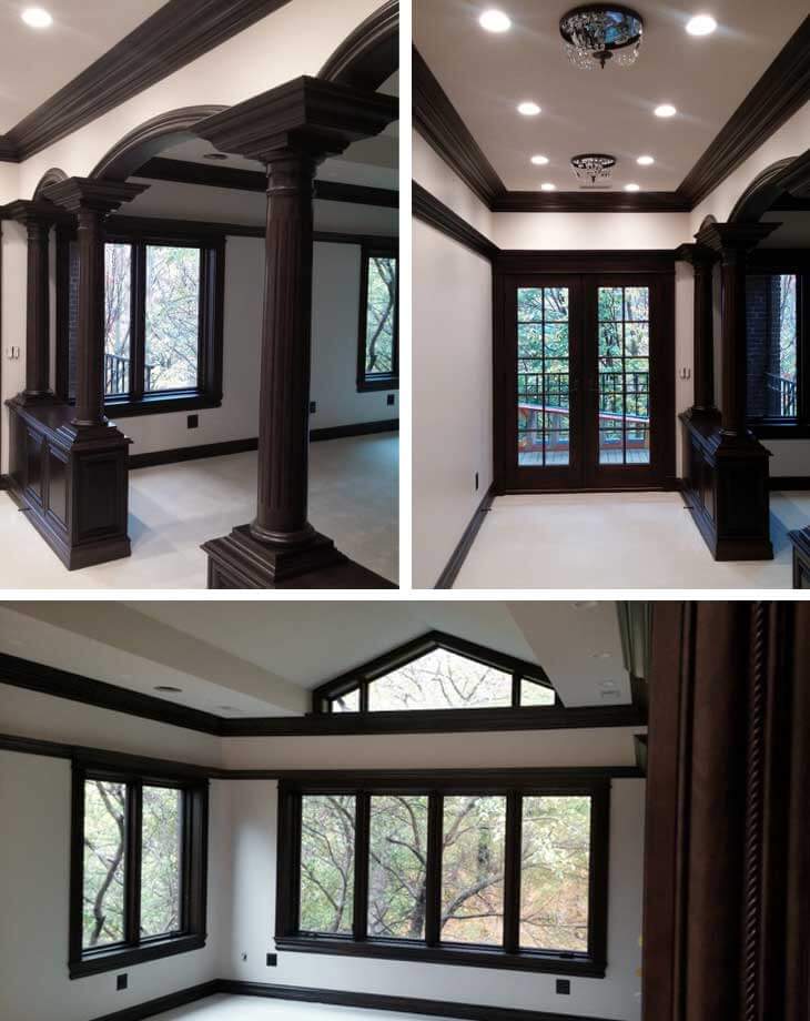 Master suite remodel during construction by Silent Rivers, arched colonnade entrance, custom woodwork and crown molding, wood clad windows