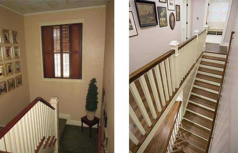 Before and after staircase in a whole house remodel by Silent Rivers