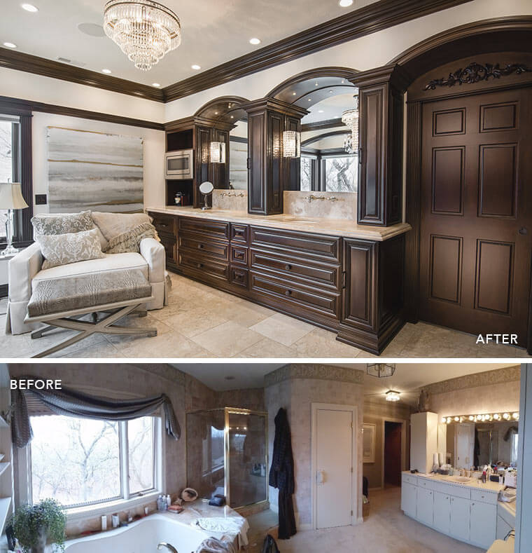 Before and after of a traditional Urbandale master bathroom remodel by Silent Rivers