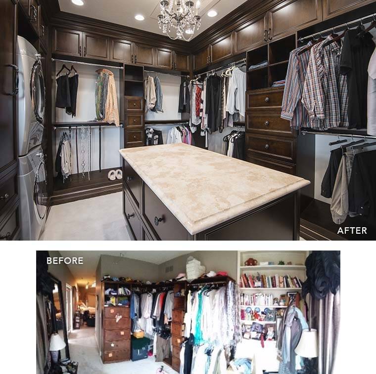 Before and after of the closet and dressing area in a master suite remodel in Urbandale, Iowa by Silent Rivers