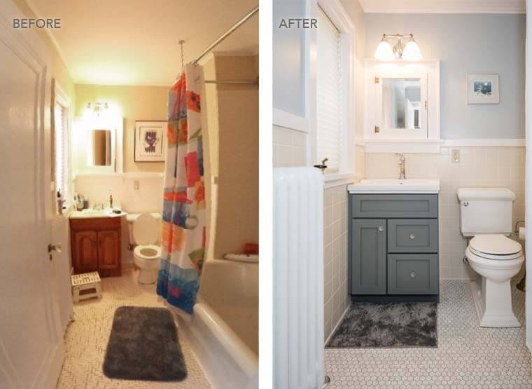 Before and after of master bathroom remodel in a Des Moines 1920 Craftsman remodel