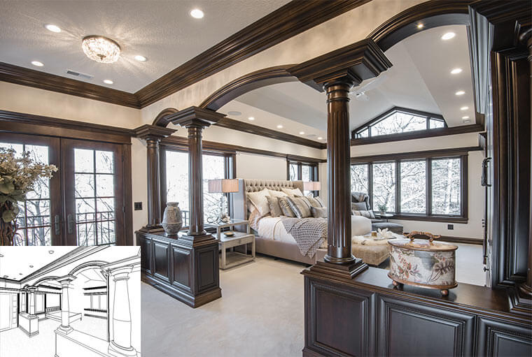 Architectural plan and final result of an Urbandale, Iowa master suite remodel by Silent Rivers