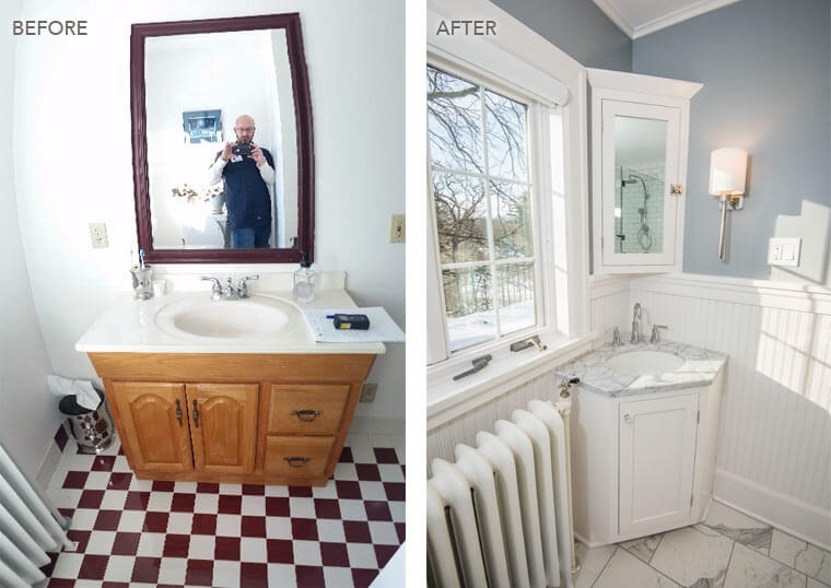 Before and after photos of vanity in a Des Moines 1920 Craftsman bathroom remodel by Silent Rivers