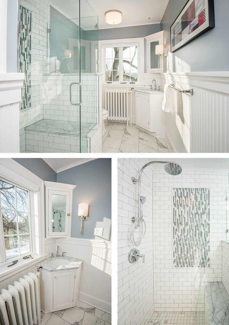 Collage of finished craftsman bathroom remodel by Silent Rivers showing white Carrera marble
