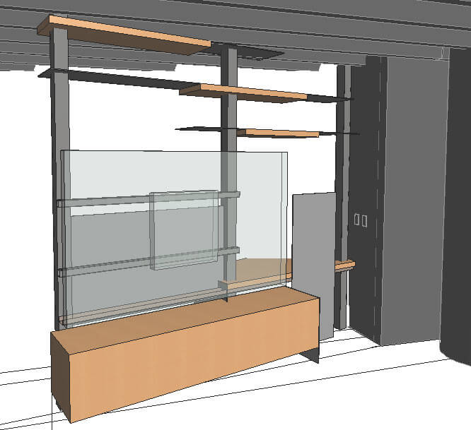 Design rendering for an entertainment center room divider partition between living room and bedroom in a Des Moines condo loft remodel by Silent Rivers
