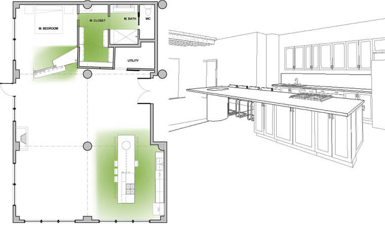 Floor plan and kitchen design rendering of a Des Moines condo loft remodel by Silent Rivers