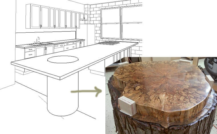 Design rendering of kitchen remodel showing where organic tree stump will be used for kitchen island base in Des Moines condo loft remodel by Silent Rivers