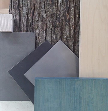 Material swatches for a Des Moines condo loft remodel by Silent Rivers, steel, wood, teal-stained rift cut oak, gray tile