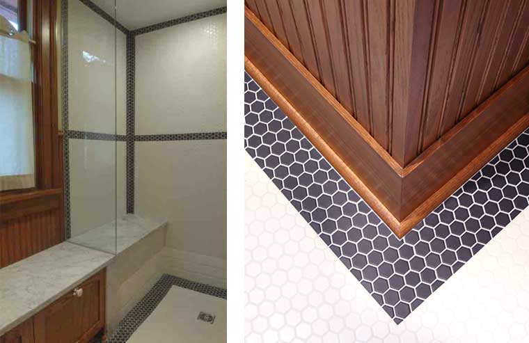 Historic bathroom remodel by Silent Rivers with black and white octagon tile