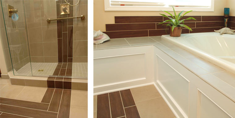 Contemporary bathroom remodel by Silent Rivers with brown subway tile path that runs vertically in shower and down across floor