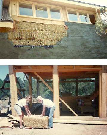 Straw bale house exterior showing plaster base and Molly Spain and family moving bales