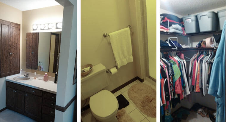 Before photos of 1980s bathrooms and closet in a Des Moines about to undergo a remodel by Silent Rivers