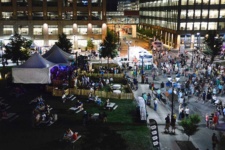 Des Moines Arts Festival nighttime aerial view showing the Silent Rivers VIP Club. Photo by The Wilde Project.
