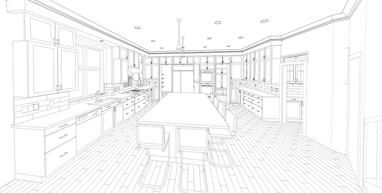 3D architectural rendering of Clive, Iowa kitchen being remodeled by Silent Rivers to create larger kitchen and butler's pantry