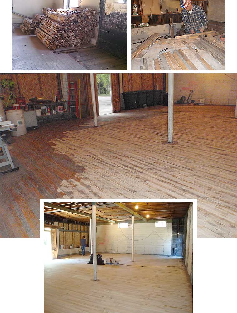 The process of reclaiming salvaged wood floor from the closed Cambria, Iowa school gym for Silent Rivers to repurpose it for the historic Green & Main building in Sherman Hill Neighborhood, Des Moines