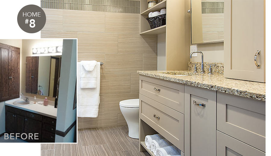 Before and after images of a 1980s bathroom remodeled by Silent Rivers Des Moines, featured on 2016 Tour of Remodeled Homes