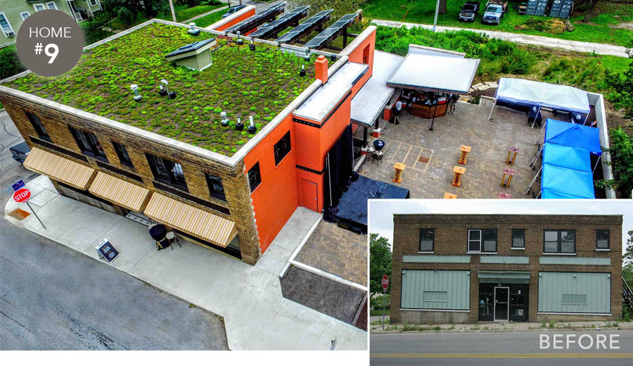 Before and after photos and aerial photo of green living roof on Green & Main building remodeled by Silent Rivers on 19th Street in Sherman Hill, Des Moines, 2016 Tour of Remodeled Homes