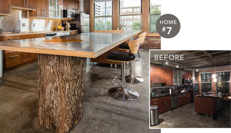 Before and after photos of downtown Des Moines loft remodeled by Silent Rivers including 16 foot kitchen island with natural tree stump support, featured on 2016 Tour of Remodeled Homes