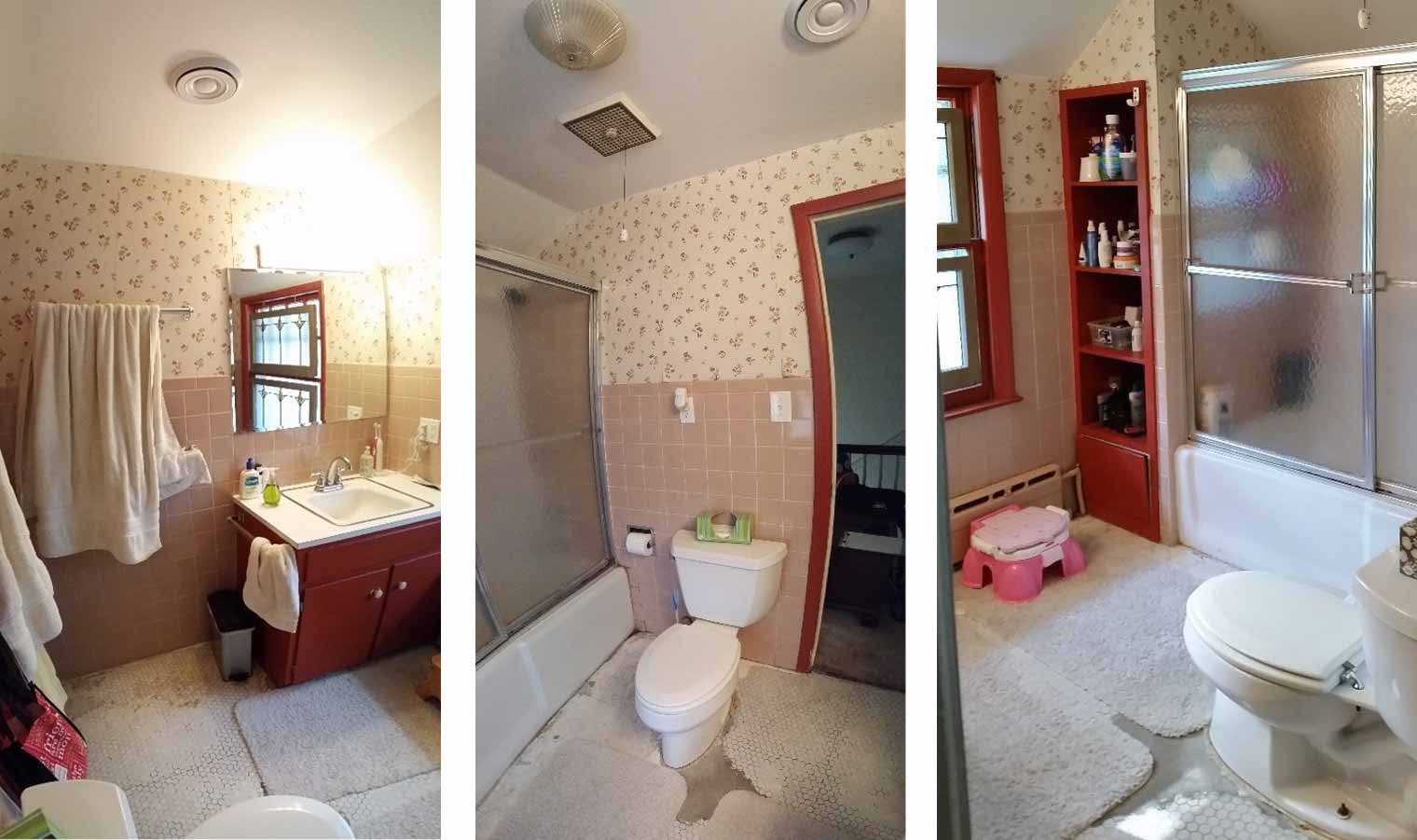 Before photos of vintage bathroom needing major upgrade, scar in floor, pink tile, flowered wallpaper 